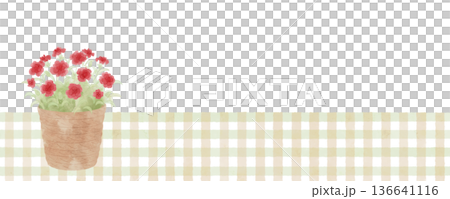 盆栽紅色康乃馨，格子背景，橫幅，水彩風格 136641116