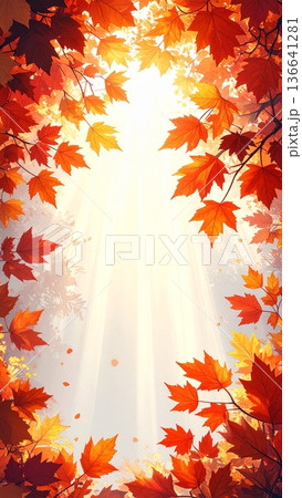 縦型素材　光が差し込む紅葉のイラスト　生成AI素材 136641281