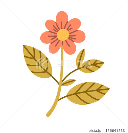 Flat vector illustration of a cute blooming flower with leaves in a minimal style. Isolated on white background, perfect for spring designs, floral decorations, stickers, prints, cards, modern graphic 136641288