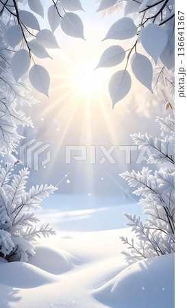 縦型素材　光が差し込む雪と白い葉のイラスト　生成AI素材 136641367