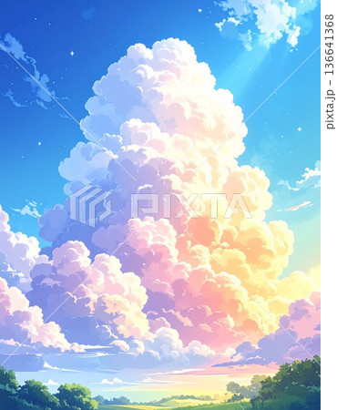 マジックアワーに染まる入道雲と青空の幻想的な背景イラスト4／チラシやポスター用素材 136641368