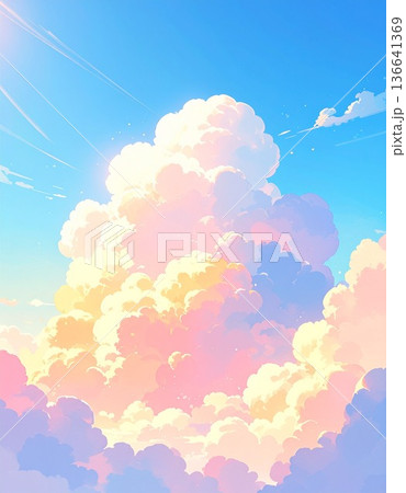 マジックアワーに染まる入道雲と青空の幻想的な背景イラスト3／チラシやポスター用素材 136641369