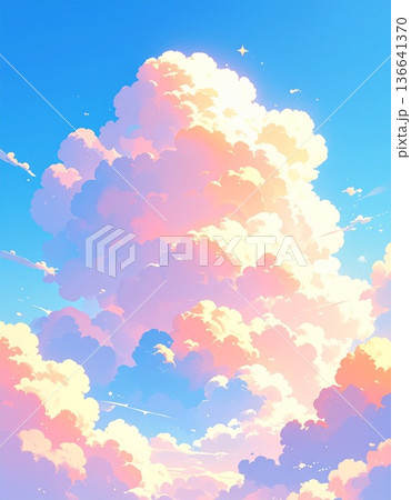 マジックアワーに染まる入道雲と青空の幻想的な背景イラスト2／チラシやポスター用素材 136641370