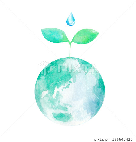 地球と若葉と雫の水彩イラスト　挿絵　背景イラスト　透過png	 136641420