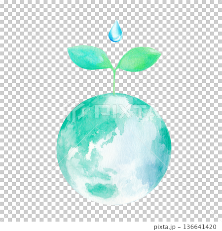 地球と若葉と雫の水彩イラスト　挿絵　背景イラスト　透過png	 136641420