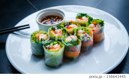Fresh Sushi Rolls on White Plate Fresh Sushi Rolls on White Plate 136641445
