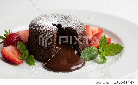 Chocolate Lava Cake Dessert with Strawberries 136641447