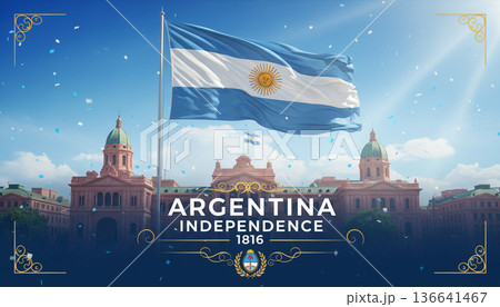 Argentina Independence Anniversary Poster with Celebration Crowd and National Flag 136641467