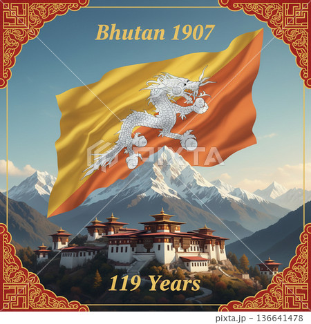 Bhutan Anniversary Poster with National Flag, Traditional Architecture, and Mountain Landscape 136641478
