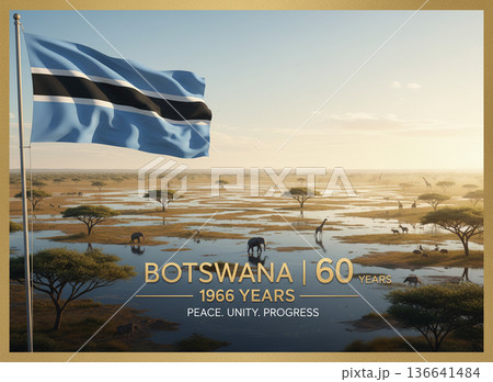 Botswana Independence 60 Years Poster with Flag and Savannah Landscape 136641484