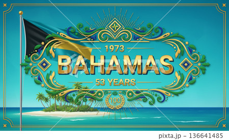 Bahamas Independence Anniversary Poster with Ornamental Frame and Tropical Theme Bahamas Independence Anniversary Poster with Ornamental Frame and Tropical Theme 136641485