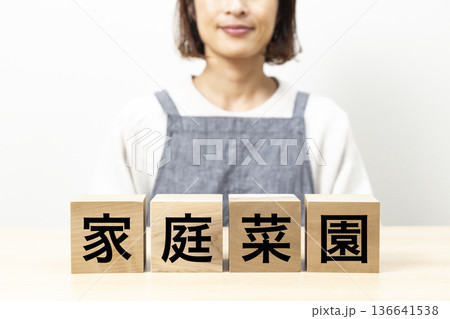 「家庭菜園」と書かれたブロックとエプロン姿の女性 136641538
