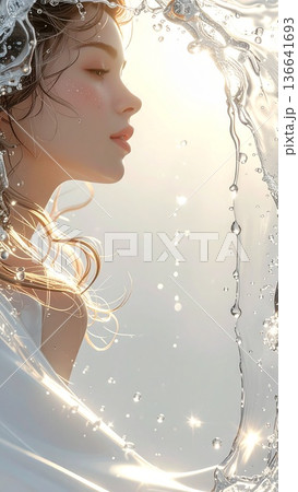 縦型素材　光が差し込む水滴と若い女性のイラスト　生成AI素材 136641693