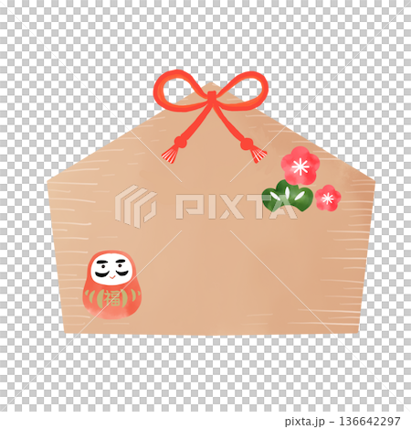 水彩風の絵馬のイラスト だるまと梅の縁起物素材 136642297
