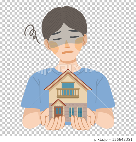 一戸建てを購入したことを、後悔している男性のイラスト 136642351