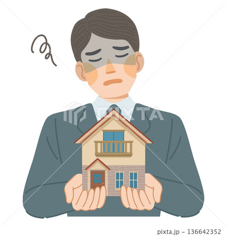 スーツ姿の男性が一戸建てのデメリットに落ち込んでいるイラスト 136642352