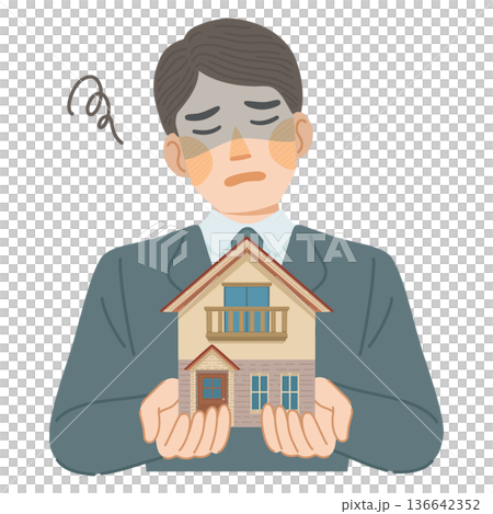 スーツ姿の男性が一戸建てのデメリットに落ち込んでいるイラスト 136642352