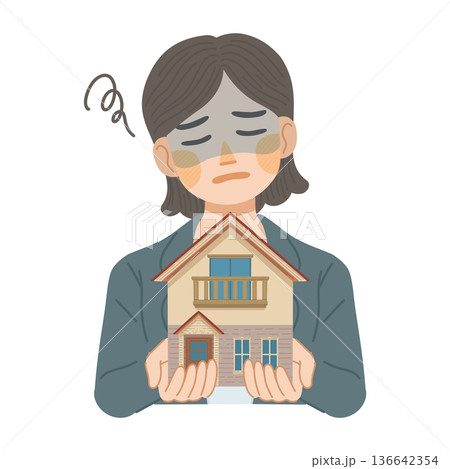 スーツ姿の女性が一戸建てのデメリットに落ち込んでいるイラスト 136642354