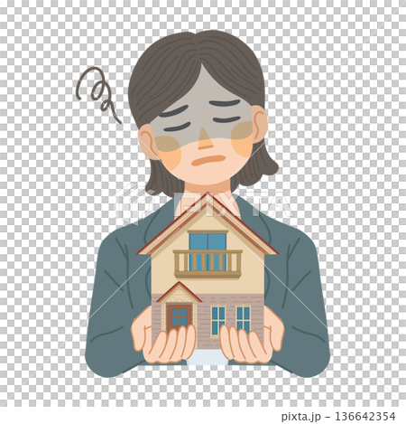 一幅插圖，描繪了一位身著西裝的女士因居住在獨棟住宅中的種種弊端而感到沮喪。 136642354