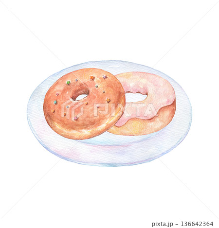 水彩で描いたお皿に乗ったドーナツセット 水彩で描いたお皿に乗ったドーナツセット 136642364