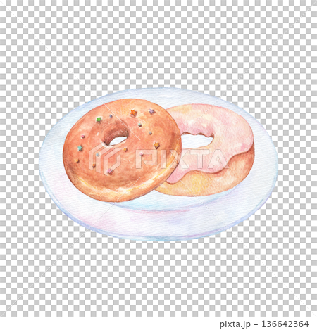 水彩で描いたお皿に乗ったドーナツセット 水彩で描いたお皿に乗ったドーナツセット 136642364