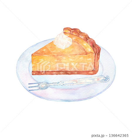 水彩で描いたお皿に乗ったチーズタルト　 136642365