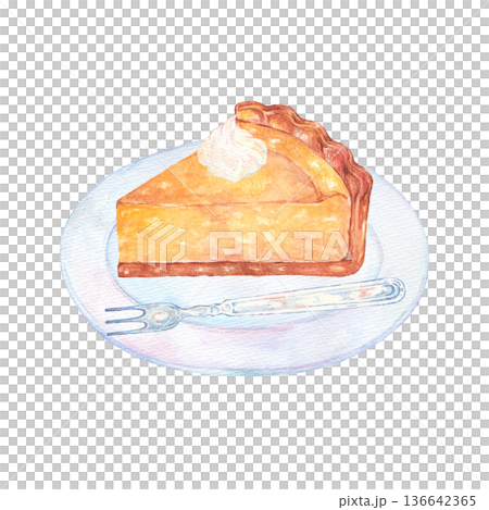水彩で描いたお皿に乗ったチーズタルト　 136642365
