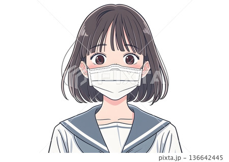 マスクを着用したセーラー服姿の女子高生のイラスト　風邪・花粉症・ウイルス感染予防・衛生管理のイメージ 136642445