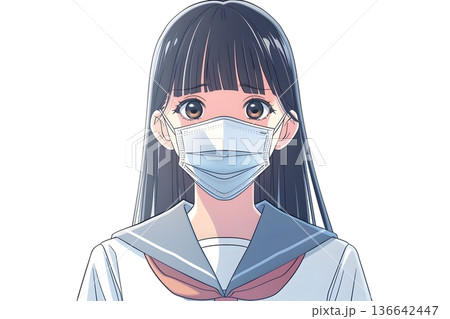 マスクを着用したセーラー服姿の女子高生のイラスト　風邪・花粉症・ウイルス感染予防・衛生管理のイメージ 136642447