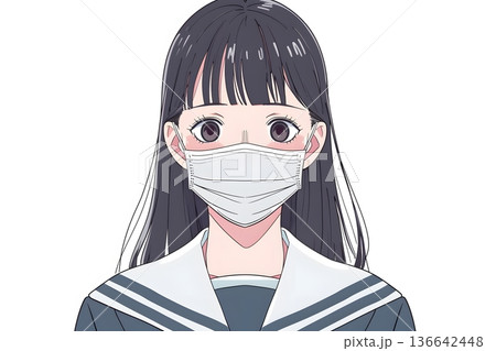 マスクを着用したセーラー服姿の女子高生のイラスト　風邪・花粉症・ウイルス感染予防・衛生管理のイメージ 136642448
