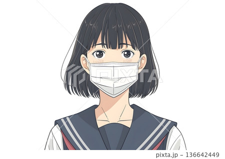 マスクを着用したセーラー服姿の女子高生のイラスト　風邪・花粉症・ウイルス感染予防・衛生管理のイメージ 136642449