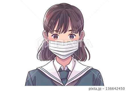 マスクを着用したセーラー服姿の女子高生のイラスト　風邪・花粉症・ウイルス感染予防・衛生管理のイメージ 136642450