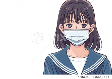 マスクを着用したセーラー服姿の女子高生のイラスト　風邪・花粉症・ウイルス感染予防・衛生管理のイメージ 136642451