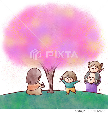 桜の木の下で過ごす家族の春イラスト 136642686