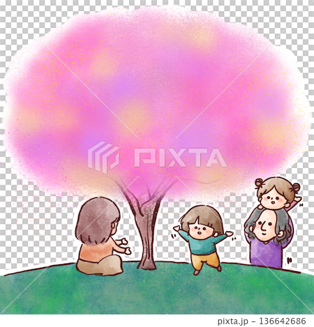 桜の木の下で過ごす家族の春イラスト 136642686