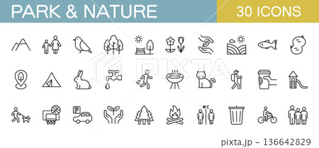 公園と自然に関するアイコンセット　キャンプ・ハイキング・レクリエーションなど 136642829