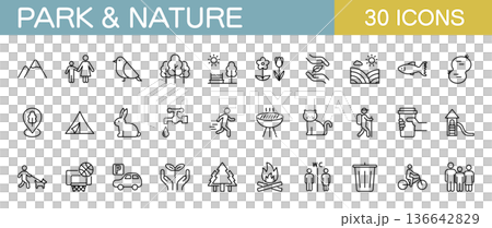 公園と自然に関するアイコンセット　キャンプ・ハイキング・レクリエーションなど 136642829
