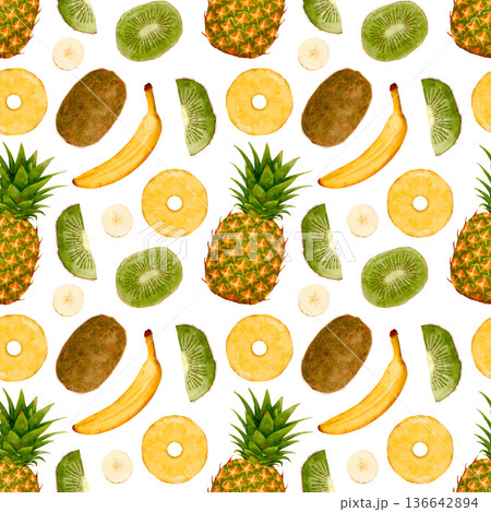 Vibrant Watercolor Tropical Fruit Collage With Playful Elements Suitable For Branding And Textiles 136642894