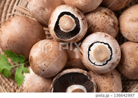 Top view of fresh crimini mushroom or baby bella mushroom in a basket Top view of fresh crimini mushroom or baby bella mushroom in a basket 136642997