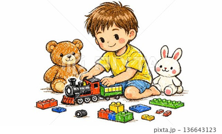 機関車おもちゃで遊ぶ男の子 136643123