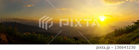 Banner Scenic view dramatic beautiful sunset sky. Panorama Natural Sunset Sunrise on meadow silhouette shadow dark land. Vibrant dramatic sky in Countryside. Landscape Sky At Sunset with copy space 136643230
