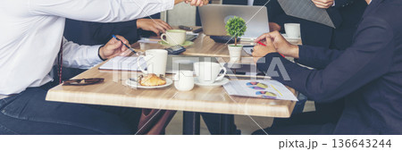 Banner Group of business people meeting in conference room. Panorama Asian businesspeople brainstorm teamwork partnership. Happy teams meeting graph chart business data meeting room with copy space 136643244