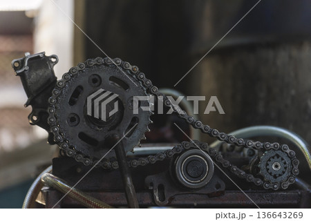 Mechanic tools engineering equipment car auto repair shop with copy space. Blurred background mechanical service. Heavy screw grungy rusted wrenches dirty screwdriver object. Industrial hardware set 136643269