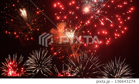 Banner Red Firework celebrate anniversary happy new year 2024 4th of july holiday festival. Banner red firework night time celebrate national holiday. Countdown new year 2025 festival with copy space 136643274