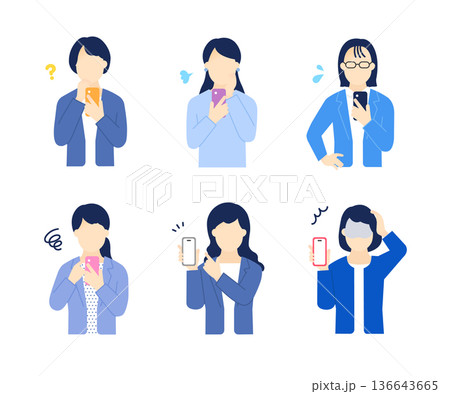 不安顔でスマホを持つ・操作する女性ビジネスパーソンのシンプルイメージ イラスト素材 136643665