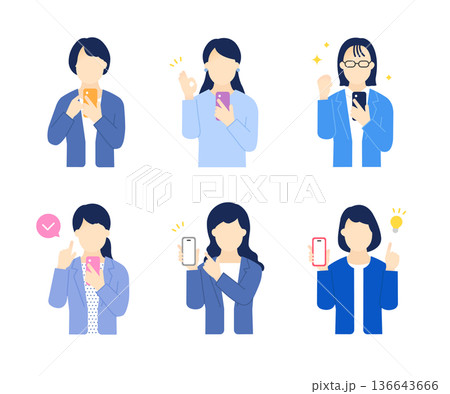 笑顔でスマホを持つ・操作する女性ビジネスパーソンのシンプルイメージ イラスト素材 136643666