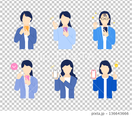 笑顔でスマホを持つ・操作する女性ビジネスパーソンのシンプルイメージ イラスト素材 136643666