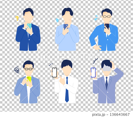 不安顔でスマホを持つ・操作する男性ビジネスパーソンのシンプルイメージ イラスト素材 136643667