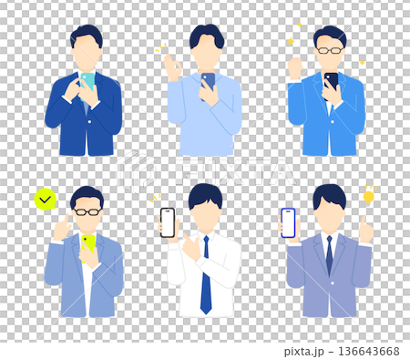 一位男性商務人士面帶微笑地手持並操作智慧型手機的簡單影像。插圖素材 一位男性商務人士面帶微笑地手持並操作智慧型手機的簡單影像。插圖素材 136643668