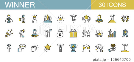 勝者・受賞・成功・優勝に関するラインアイコンセット　カラー 136643700